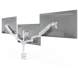 Triple Monitor Mount with Gas Spring Arms in white, showing three screens mounted side by side on adjustable gas spring arms with tilt, swivel and rotation features, securely clamped to a desk, designed for ergonomic workspace organization with durable steel construction supporting up to 32-inch monitors.