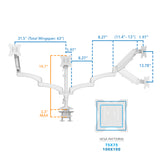 Diagram of the Triple Monitor Mount with Gas Spring Arms in white, showing detailed dimensions including a total wingspan of 63 inches, arm lengths, height adjustments, and clamp size with VESA mounting patterns of 75x75 and 100x100 for secure attachment of three monitors up to 32 inches, highlighting its adjustable, durable steel construction designed to fit desks with a maximum clamp thickness of 3.3 inches.