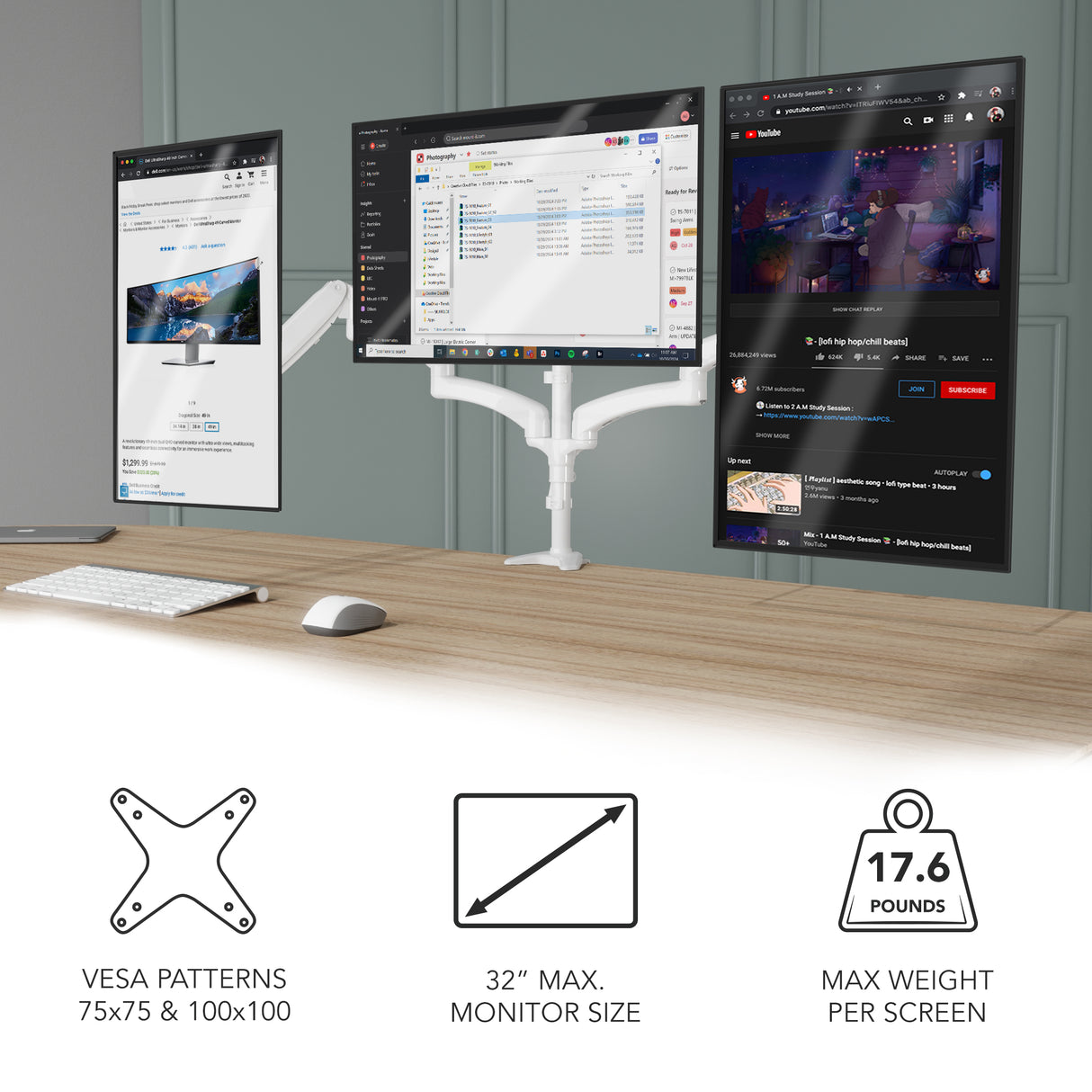 Triple Monitor Mount with Gas Spring Arms holding three 32-inch monitors side by side on a desk, featuring smooth height adjustment and swivel capabilities with a sturdy clamp-on design, supported by icons indicating VESA patterns 75x75 and 100x100, maximum monitor size of 32 inches, and max weight per screen of 17.6 pounds for a clean, organized workspace.