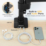 Mount-It! Heavy Duty Monitor Desk Mount with USB 3.0 and audio ports connects to a smartphone and earphones, with cables organized in tool slots for neatness. Built-in ports offer convenient charging and data transfer.