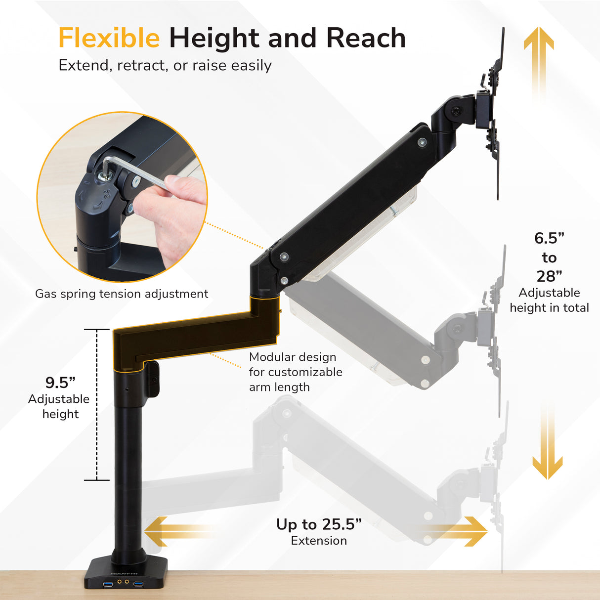Diagram of the Mount-It! Heavy Duty Monitor Desk Mount w/ USB & Multimedia Ports, highlighting tension adjustment, modular arm length, 6.5-28" height range, 25.5" extension, and 9.5" base—perfect for robust monitor setups.