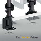 Close-up of two mounting options for the Mount-It! Heavy Duty Monitor Desk Mount w/ USB & Multimedia Ports: a C-Clamp for desks up to 3" thick, and a Grommet for desks up to 1.9". Text reads “Easy Mounting Options.”.