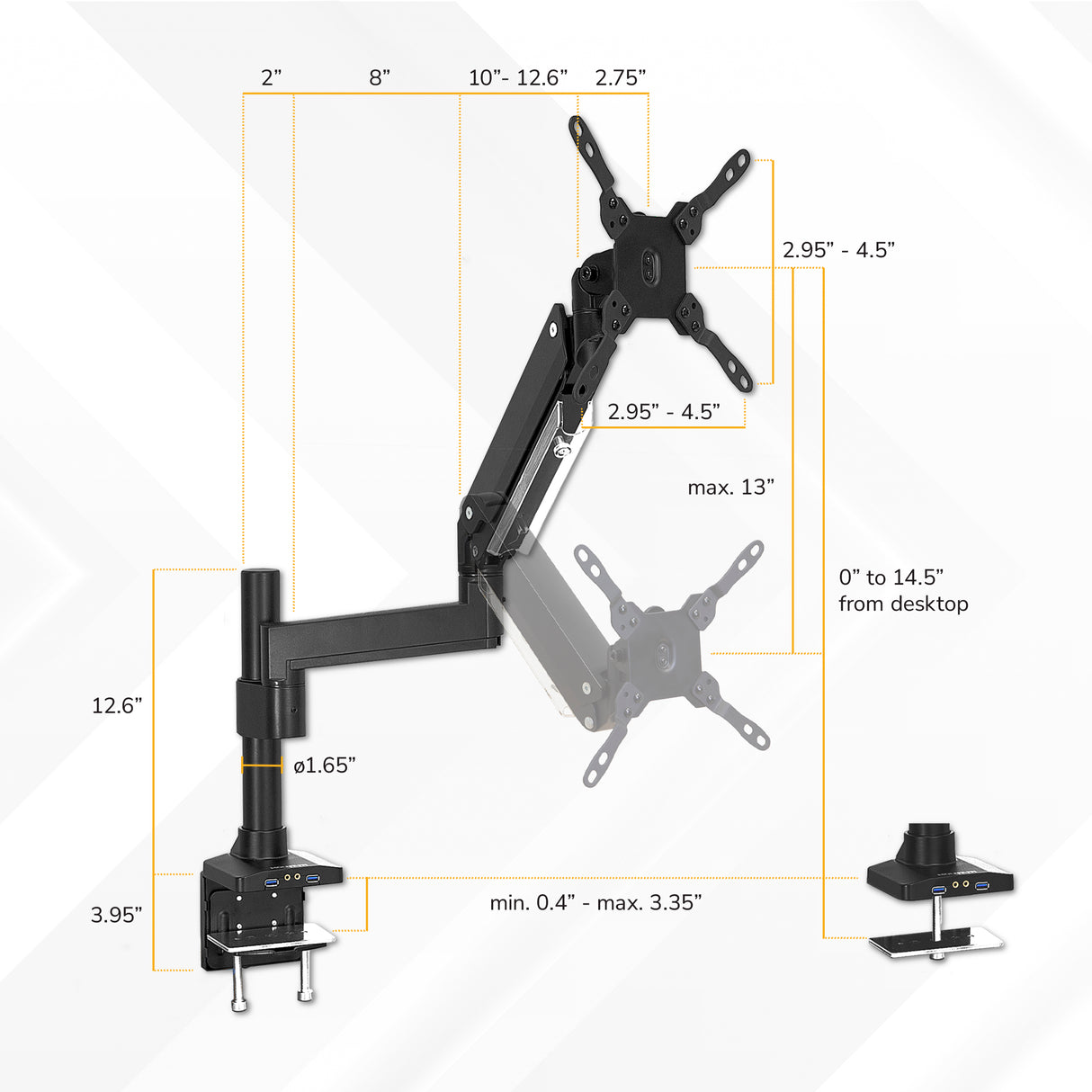 Diagram of the Mount-It! Heavy Duty Monitor Desk Mount w/ USB & Multimedia Ports: arm extends up to 13", height adjusts up to 14.5" from desktop, base height ranges from 0.4"–3.35", all measurements and mounting points clearly labeled.