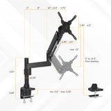 Diagram of the Mount-It! Heavy Duty Monitor Desk Mount w/ USB & Multimedia Ports: arm extends up to 13", height adjusts up to 14.5" from desktop, base height ranges from 0.4"–3.35", all measurements and mounting points clearly labeled.