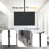 Mount-It! Full-Motion TV Ceiling Mount shown in a modern room with 360° pan, cotter safety pin, tidy cable management at the back, and organized cables along the pole. Text: "Keep your TV secure.