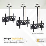 Diagram shows the Mount-It! Full-Motion TV Ceiling Mount with adjustable heights of 24", 28.5", and 33". Ideal for different ceiling heights and viewing angles. Text emphasizes height adjustability with three options.