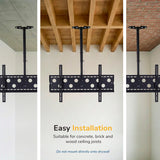 The Mount-It! Full-Motion TV Ceiling Mount offers 360° pan and height adjustment, supporting installation on concrete, brick, or wood beam ceilings. Heavy-duty design; do not mount directly onto drywall. Easy to install for versatile use.