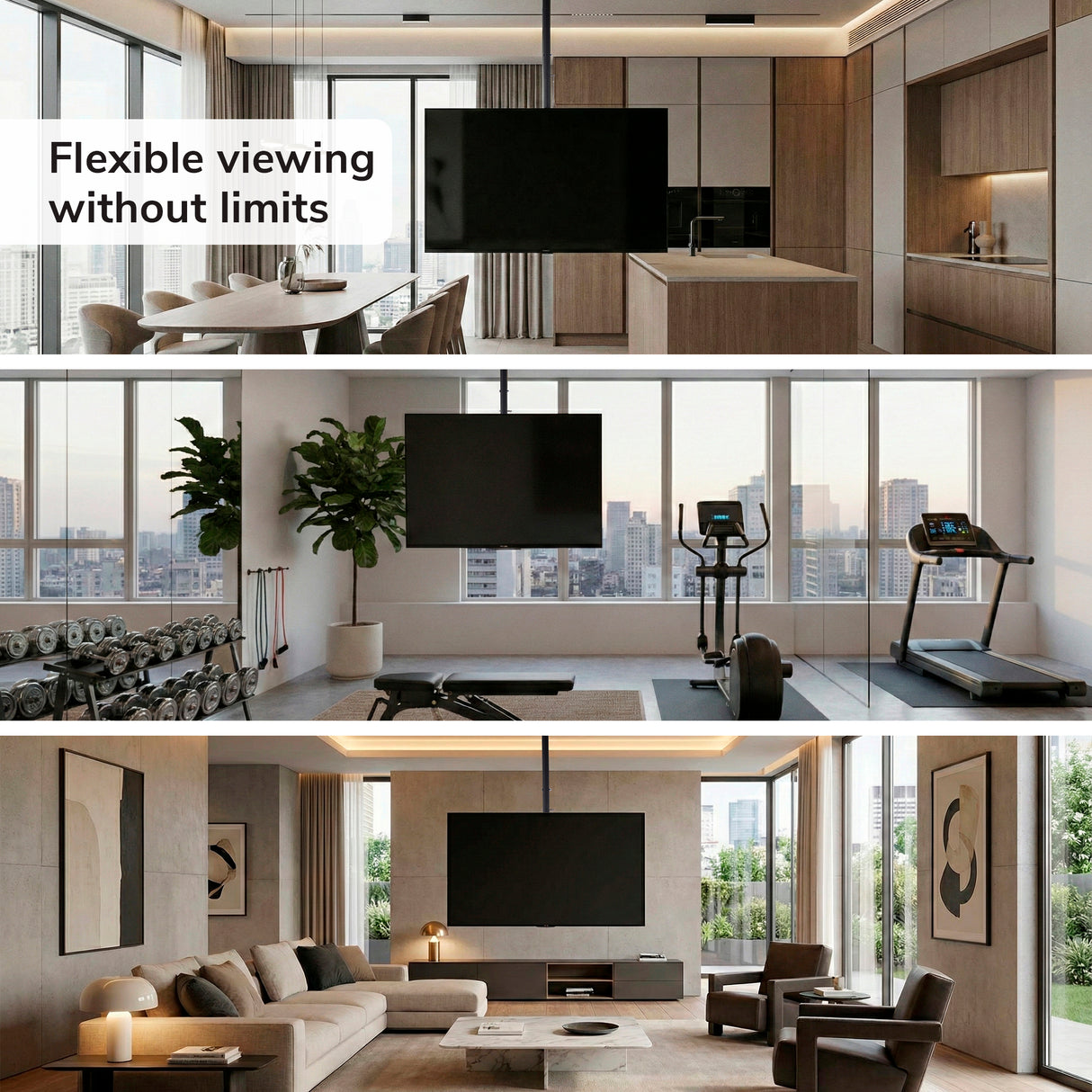 Three modern rooms—a kitchen, gym, and living room—each showcase the Mount-It! Full-Motion TV Ceiling Mount angled for optimal viewing. Text reads: “Flexible viewing without limits.”.