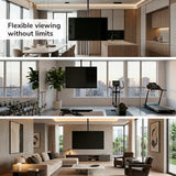 Three modern rooms—a kitchen, gym, and living room—each showcase the Mount-It! Full-Motion TV Ceiling Mount angled for optimal viewing. Text reads: “Flexible viewing without limits.”.