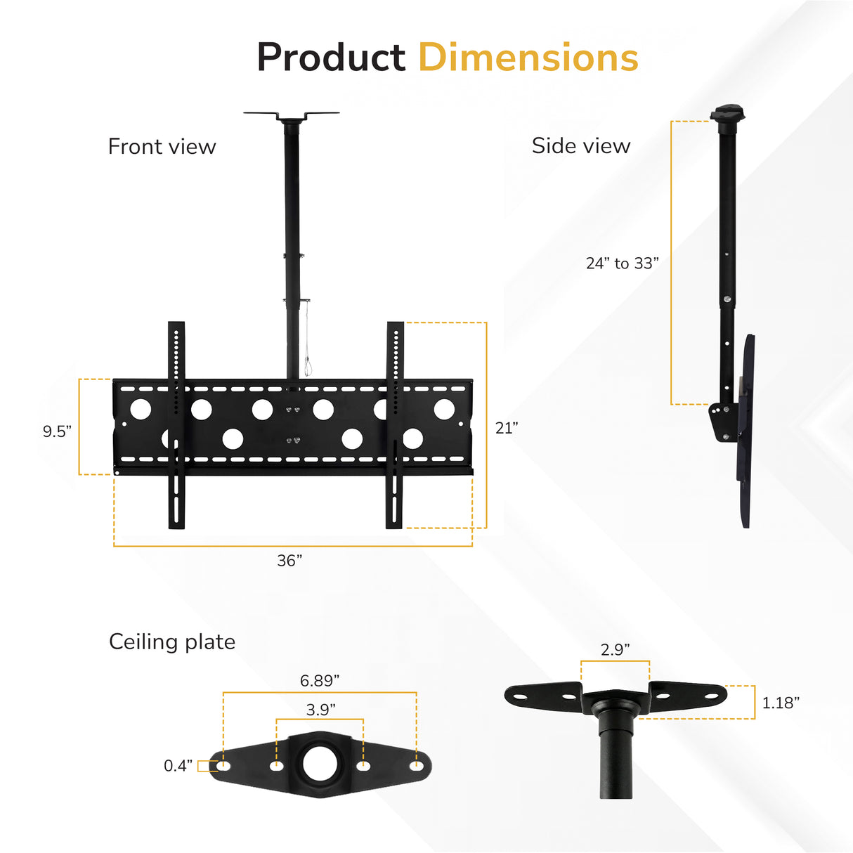 Diagram of the Mount-It! Full-Motion TV Ceiling Mount: 36" wide, 21" tall, arm extends 24–33" from ceiling, base plate is 6.89" x 2.9", and mounting plate is 9.5" tall.