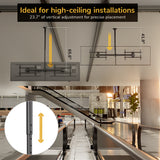 The Mount-It! Dual TV Ceiling Mount with Long Pole is shown on a high ceiling above escalators, with graphics highlighting its 23.7-inch adjustable drop range and visual guides marking 65.5 and 41.9 for accurate placement.