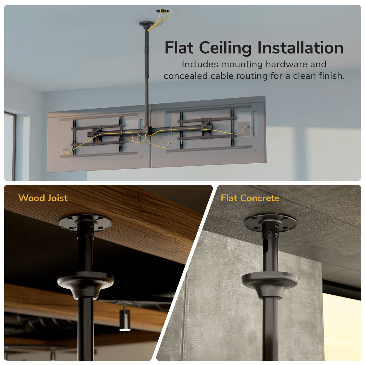 Mount-It! Dual TV Ceiling Mount with Long Pole shown on flat ceiling, featuring concealed cable routing. Close-ups show installation on wood joist and concrete. Text highlights easy setup, adjustable drop range, and a clean finish.