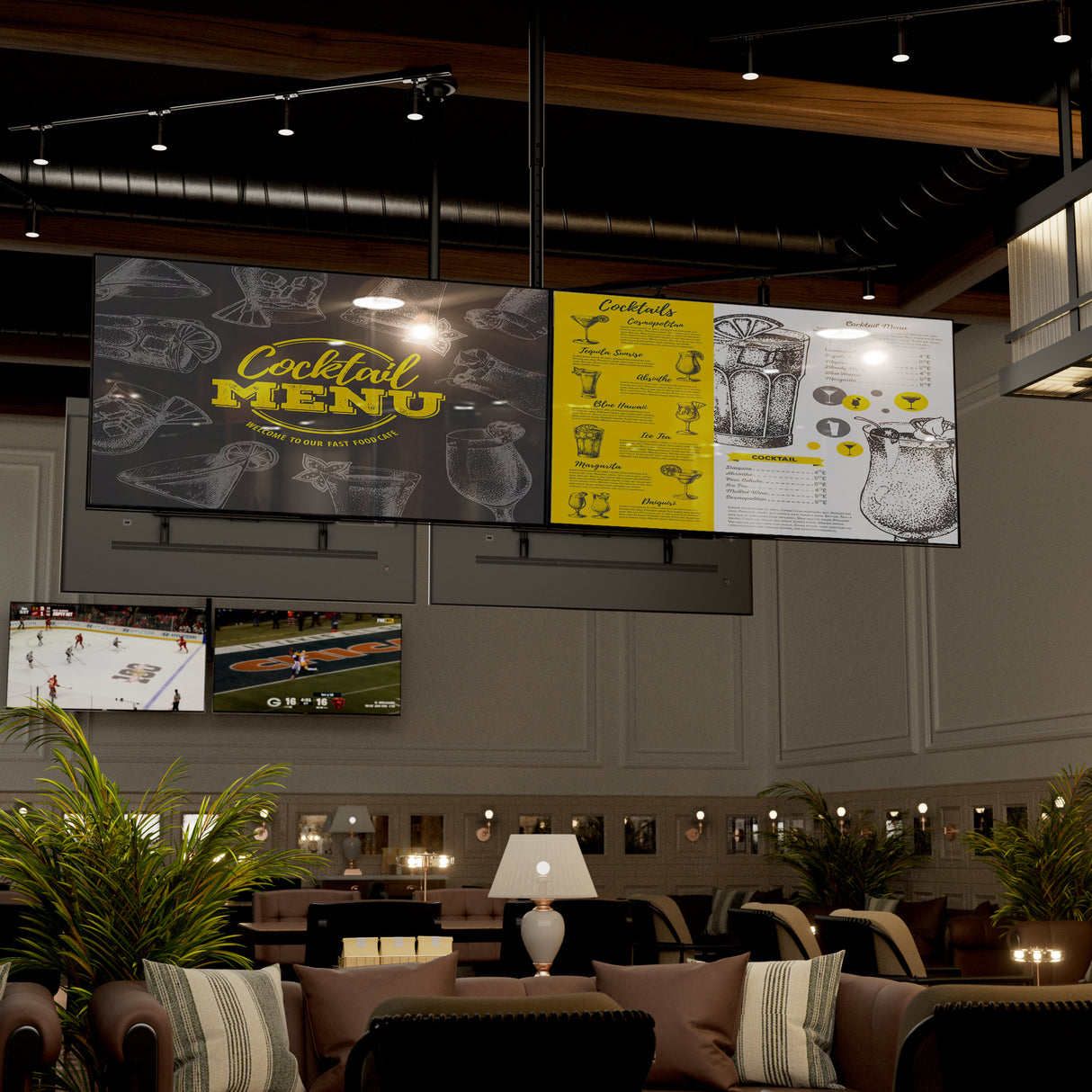 A stylish lounge bar with cozy seating, plants, and wall lamps uses the Mount-It! Dual TV Ceiling Mount with Long Pole for a large digital screen displaying the cocktail menu above and smaller screens below showing sports games.