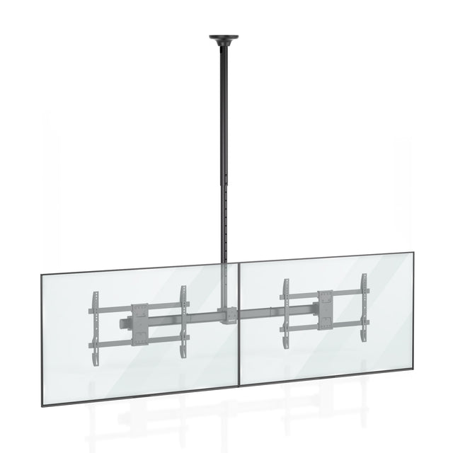 The Mount-It! Dual TV Ceiling Mount with Long Pole suspends two large flat-screen TVs side by side from an adjustable black metal pole—perfect for commercial mounting applications.