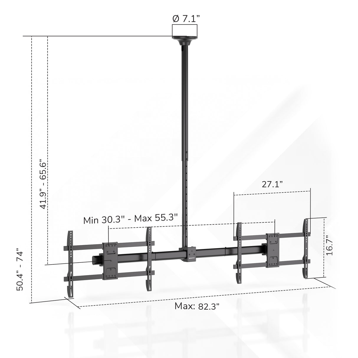 Diagram of the Mount-It! Dual TV Ceiling Mount with Long Pole, offering adjustable drop range, width up to 82.3", height from 50.4–74", pole length 41.9–65.6", and panel width 27.1"—perfect for commercial TV setups.