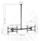 Diagram of the Mount-It! Dual TV Ceiling Mount with Long Pole, offering adjustable drop range, width up to 82.3", height from 50.4–74", pole length 41.9–65.6", and panel width 27.1"—perfect for commercial TV setups.