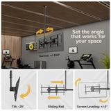 The Mount-It! Dual TV Ceiling Mount with Long Pole is featured in a gym, showcasing its 180° swivel, 25° tilt, adjustable drop range, sliding rail, and 3° leveling—complete with diagrams and arrows to illustrate its adjustable motion.