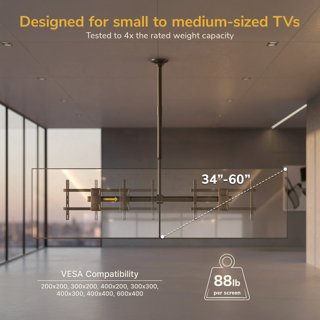 The Mount-It! Dual TV Ceiling Mount with Long Pole securely holds four 34”-60” screens (up to 88 lb each) with VESA compatibility and adjustable drop, perfect for modern commercial spaces with warm lighting and expansive windows.