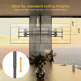 A modern dining room showcases the Mount-It! Dual TV Ceiling Mount with Short Pole, offering a 17.3" adjustable height and full-motion flexibility for standard ceilings, shown in a close-up of its adjustable mechanism.