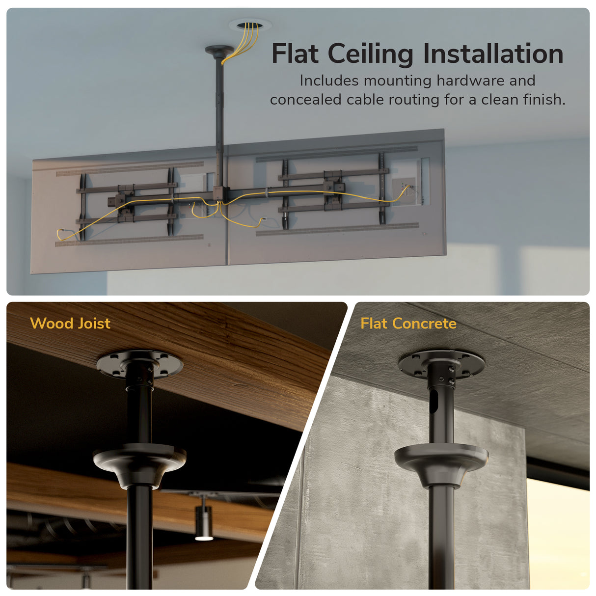 Instructional image of the Mount-It! Dual TV Ceiling Mount with Short Pole, showing cable management and full-motion flexibility. Close-ups illustrate mounting on wood joists and flat concrete ceilings for commercial flat ceiling installations.