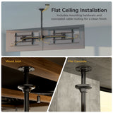 Instructional image of the Mount-It! Dual TV Ceiling Mount with Short Pole, showing cable management and full-motion flexibility. Close-ups illustrate mounting on wood joists and flat concrete ceilings for commercial flat ceiling installations.