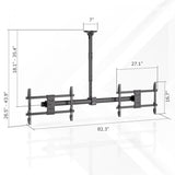 Mount-It! Dual TV Ceiling Mount with Short Pole features three adjustable brackets, full-motion flexibility, 82.3" width, 27.1" between mounts, adjustable height 18.1–35.4", mount height 16.7", and vertical range 26.5–43.9". Ideal for commercial use.