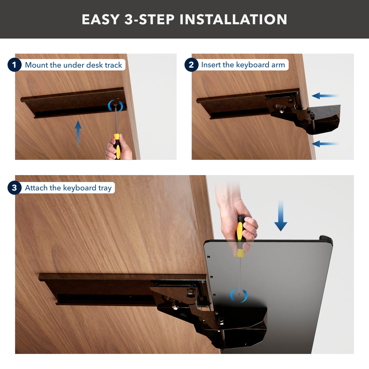 Illustration shows three steps to install the Mount-It! Adjustable Keyboard Tray and Mouse Platform w/ Wrist Rest Pad: 1. Mount the under-desk track, 2. Insert the arm, 3. Attach the tray, with hands demonstrating each step.