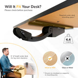 A diagram shows the Mount-It! Standing Keyboard and Mouse Platform With Ergonomic Wrist Rest Pad, requiring 6" height and 28" width. Installed under a desk, it provides ergonomic leg clearance. For wood/MDF only; supports up to 4.4 lbs; not for glass/metal.
