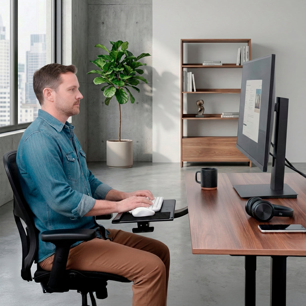 A man types on a Mount-It! Standing Keyboard and Mouse Platform With Ergonomic Wrist Rest Pad, looking at a monitor in a modern office with a large window, wooden shelves, a plant, black mug, and headphones on the desk.