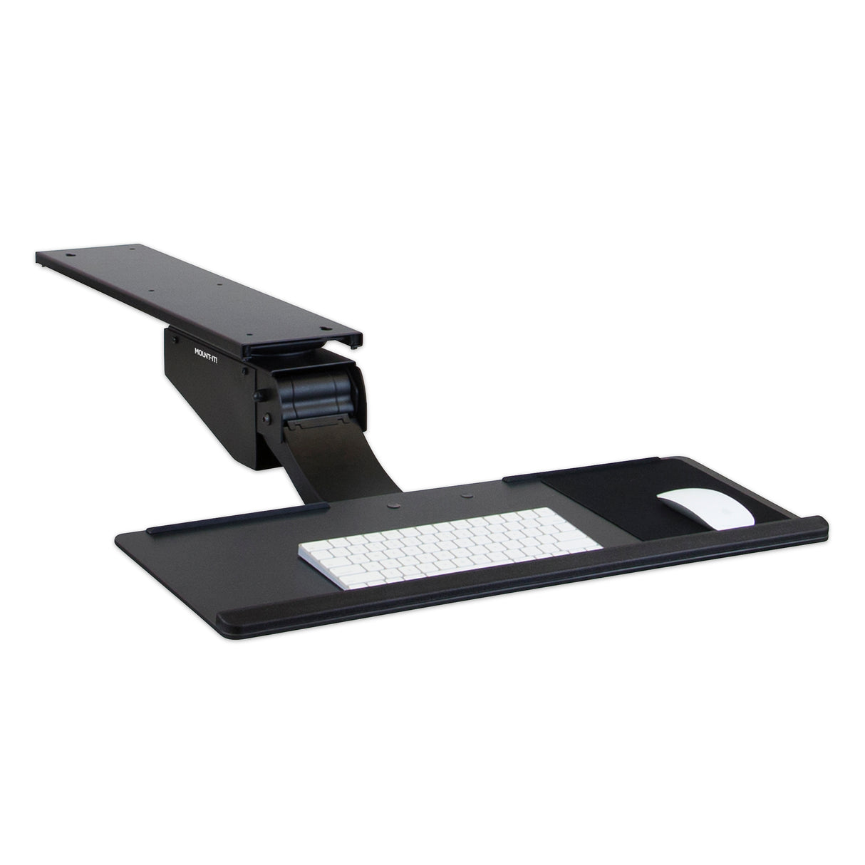 The Mount-It! Standing Keyboard and Mouse Platform With Ergonomic Wrist Rest Pad is a black under desk tray mounted to a desk arm, shown with a white keyboard and mouse for ergonomic workstation setup.