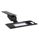 The Mount-It! Standing Keyboard and Mouse Platform With Ergonomic Wrist Rest Pad is a black under desk tray mounted to a desk arm, shown with a white keyboard and mouse for ergonomic workstation setup.