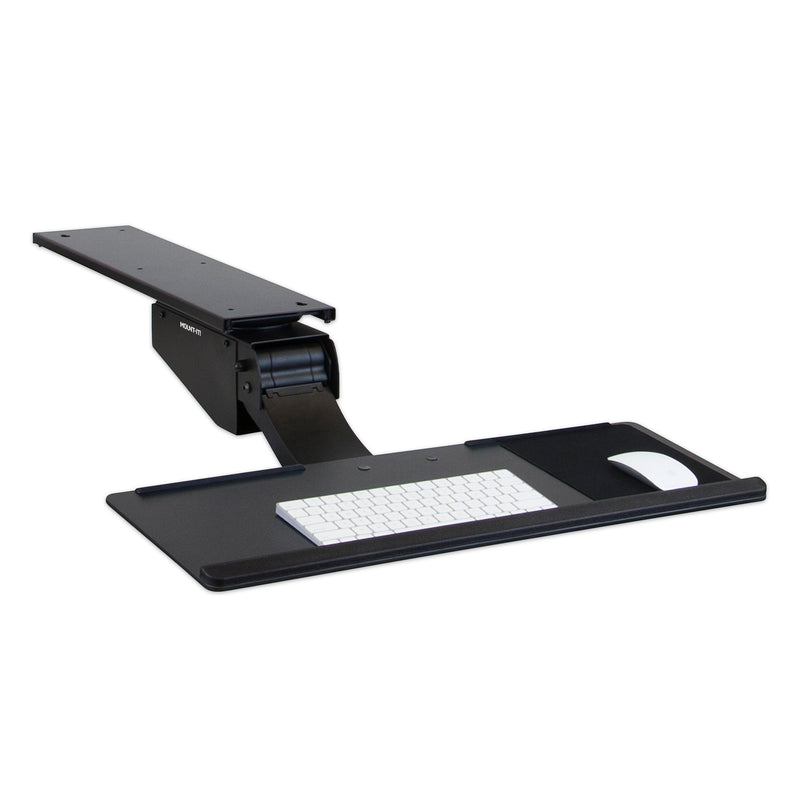 The Mount-It! Standing Keyboard and Mouse Platform With Ergonomic Wrist Rest Pad is a black under desk tray mounted to a desk arm, shown with a white keyboard and mouse for ergonomic workstation setup.