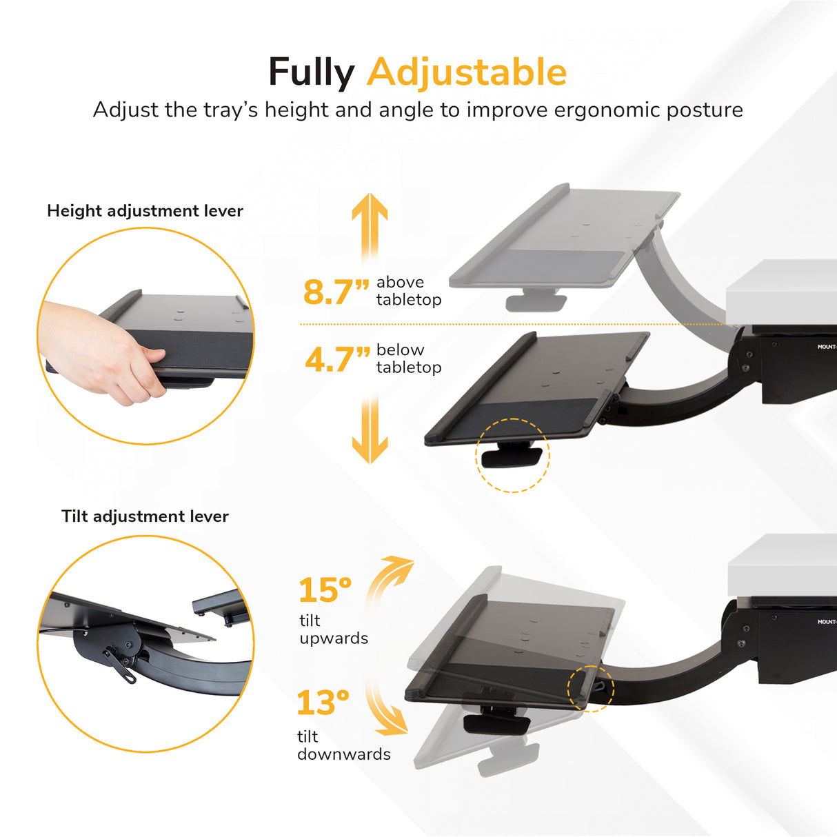 Infographic of the Mount-It! Standing Keyboard and Mouse Platform With Ergonomic Wrist Rest Pad. Height adjusts from 8.7” above to 4.7” below desk, with tilt from 15° up to 13° down. Levers for height and tilt are highlighted.