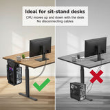 Split image: left shows a Mount-It! Heavy-Duty Clamp-On CPU Mount under the desk (green checkmark); right shows the CPU on the floor with messy cables (red X). Text promotes a tidy, ergonomic setup with a CPU mount.