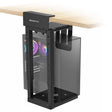 The Mount-It! Heavy-Duty Clamp-On CPU Mount is attached under a wooden desk, securely holding a desktop PC with visible RGB lighting.
