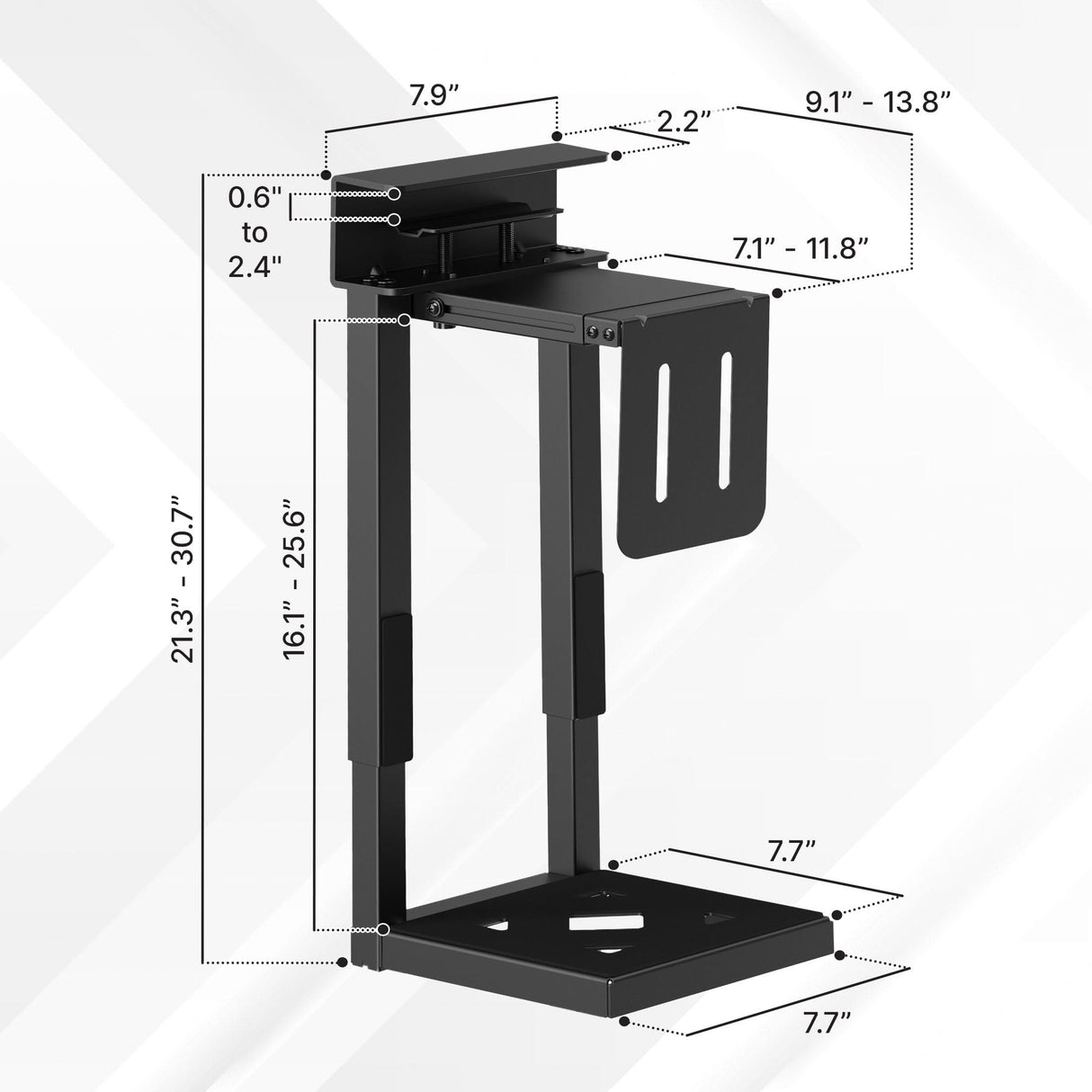 The Mount-It! Heavy-Duty Clamp-On CPU Mount, shown in black metal with detailed inch measurements, features adjustable components—perfect as an under desk computer mount or adjustable CPU holder.