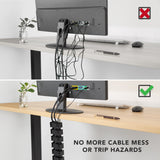 Comparison image showing a messy desk with tangled cables hanging freely from a monitor, contrasted with a tidy setup where cables are neatly organized and routed through a black cable management spine attached under the desk, demonstrating how the Cable Management Spine effectively eliminates cable clutter and reduces trip hazards for a clean, professional workspace.