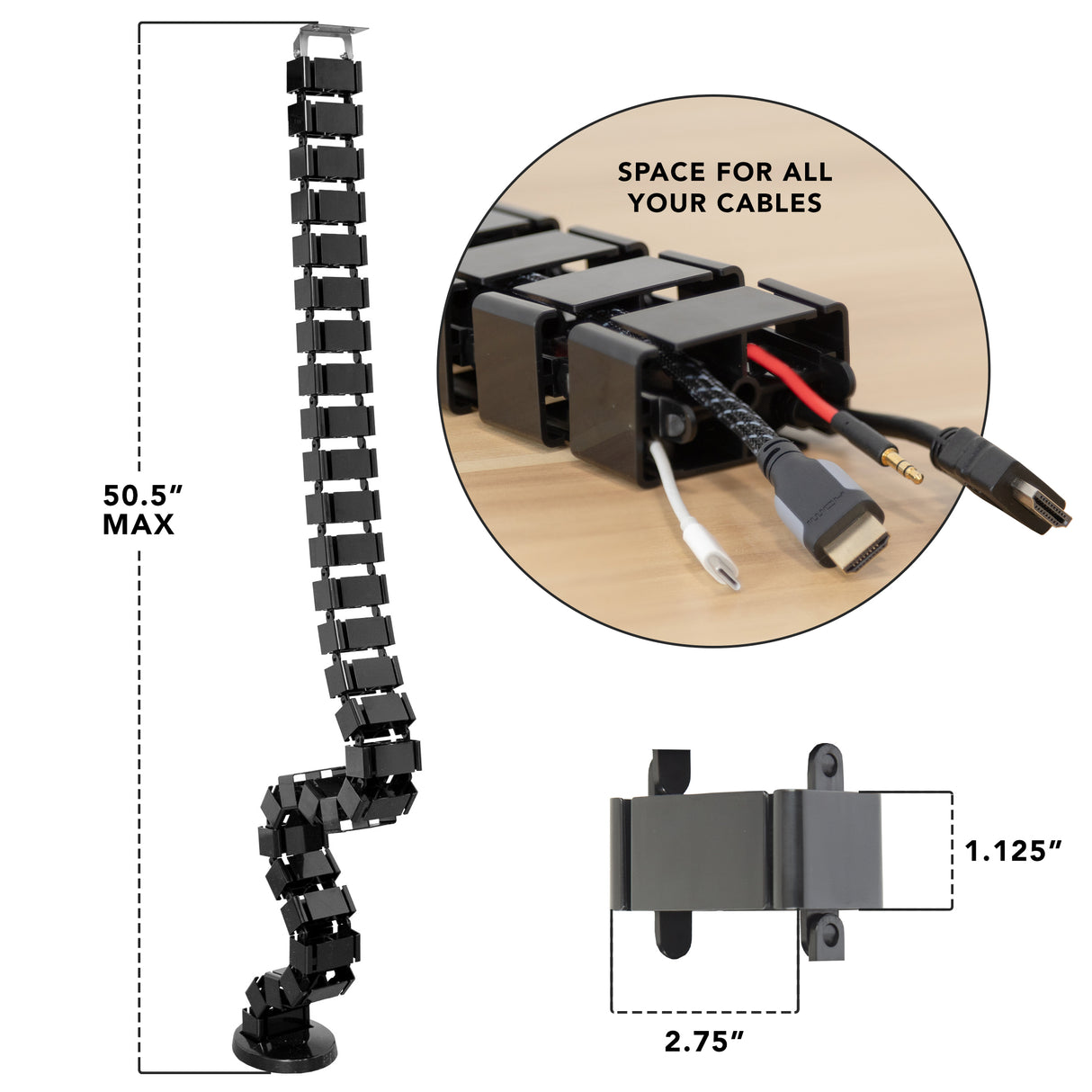 Cable Management Spine shown fully extended to 50.5 inches with snap-together flexible segments holding multiple cables including USB, HDMI, and audio cords, highlighting space for all cables; also includes detailed mounting plate dimensions for secure under-desk installation, designed to organize and protect cables while matching desk height and ideal for sit-stand desks.