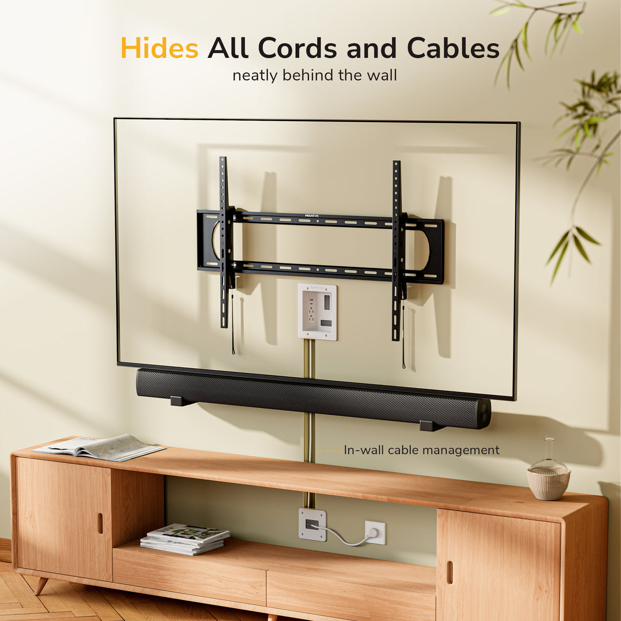 A wall-mounted TV above a wooden console with all cables hidden behind the wall using the Mount-It! In-Wall Cable Management Kit with USB. A soundbar is mounted below. Text: Neatly hides all cords for seamless TV cable management.