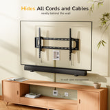 A wall-mounted TV above a wooden console with all cables hidden behind the wall using the Mount-It! In-Wall Cable Management Kit with USB. A soundbar is mounted below. Text: Neatly hides all cords for seamless TV cable management.