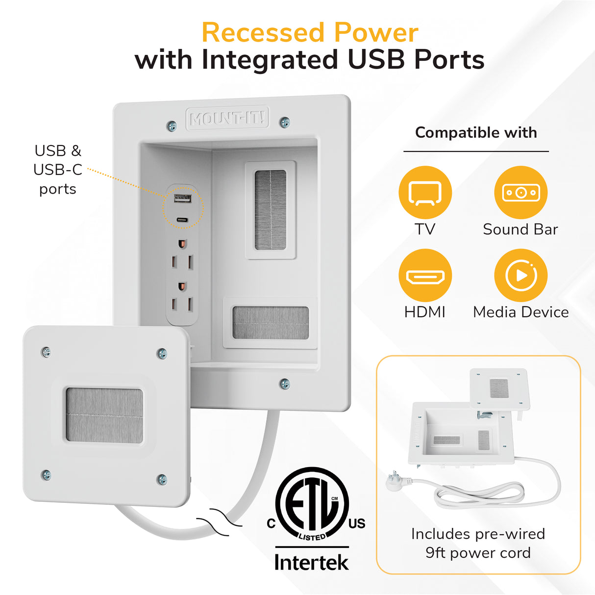 The Mount-It! In-Wall Cable Management Kit with USB features a white recessed outlet, USB/USB-C ports, cover plate, pre-wired 9ft cord, and is ETL and Intertek certified—ideal for TV cable management and connecting HDMI or media devices.