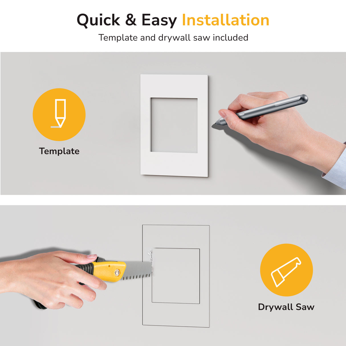 A hand uses a template to trace a rectangle on the wall for the Mount-It! In-Wall Cable Management Kit with USB; another cuts along the outline with a drywall saw. Text: Quick & Easy Installation. Template and drywall saw included.