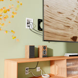 A wall-mounted TV with cables routed through the Mount-It! In-Wall Cable Management Kit with Power Input Module sits above a wooden media console holding speakers and books, while a leafy plant appears on the left side of the image.