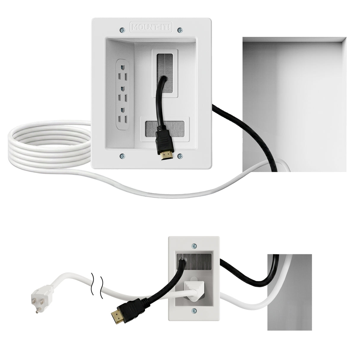 The Mount-It! In-Wall Cable Management Kit with Power Input Module is shown installed, enabling hidden HDMI and power cable routing; one image displays the front view, while another shows the back.