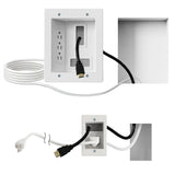 The Mount-It! In-Wall Cable Management Kit with Power Input Module is shown installed, enabling hidden HDMI and power cable routing; one image displays the front view, while another shows the back.