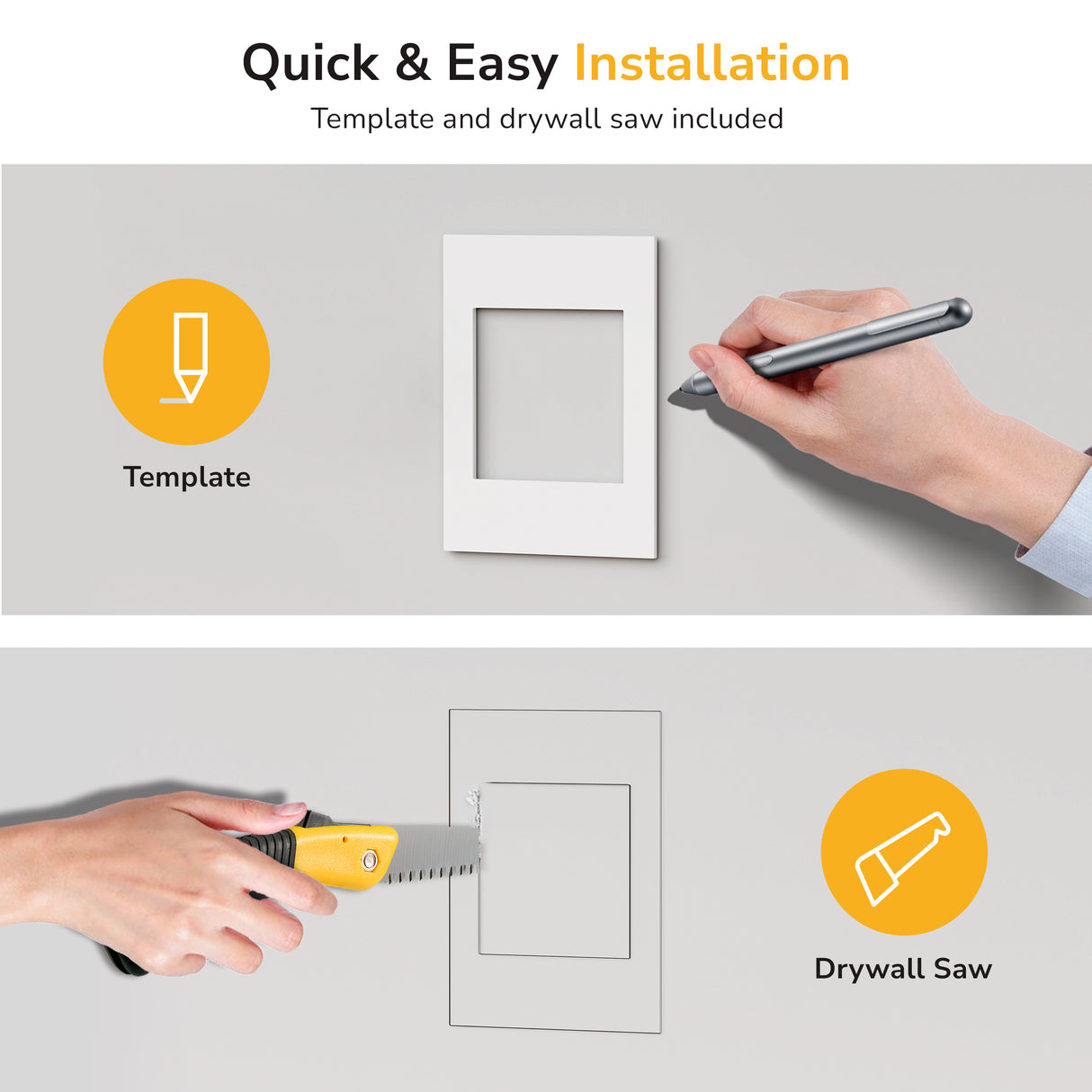 A hand traces a rectangle for installing the Mount-It! In-Wall Cable Management Kit with USB and Power Input Module, then cuts along the outline. Text: Quick & Easy Installation.