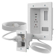 The Mount-It! In-Wall Cable Management Kit with USB and Power Input Module features two standard outlets, a USB-C wall outlet, two USB ports, wall plate, and long extension cord for organized TV cable management and clean installation.
