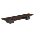 The Mount-It! Extra Wide Monitor Riser with Drawers and Shelf in dark brown features black end supports and a central open compartment, making it a stylish desk organizer, shown against a plain white background.