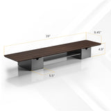 The Mount-It! Extra Wide Monitor Riser with Drawers and Shelf features black supports, a wooden build, and measures 39" L x 9.45" D x 4.9" H—ideal as a desk organizer with 5.5" between supports for extra storage space.