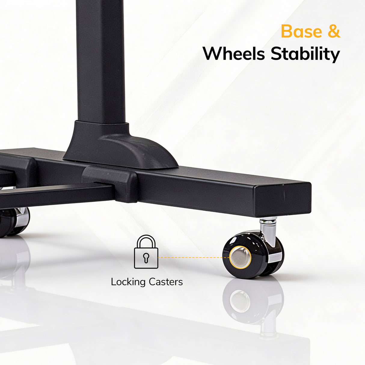 Close-up of the Mount-It! Mobile Lectern Stand Up Desk’s black base with wheels and locking casters, featuring text “Base & Wheels Stability” and “Locking Casters” on a white background.